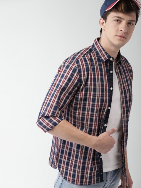 

Harvard Men Navy & Maroon Slim Fit Checked Casual Shirt, Navy blue