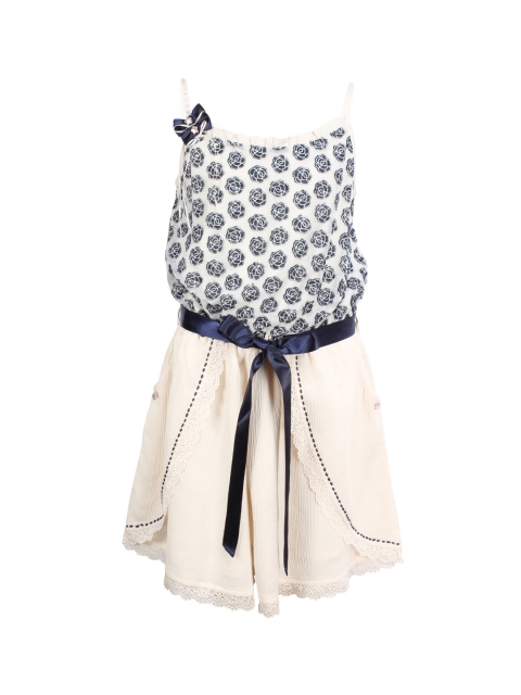 

CUTECUMBER Girls Cream-Coloured & Navy Blue Self Design Playsuit