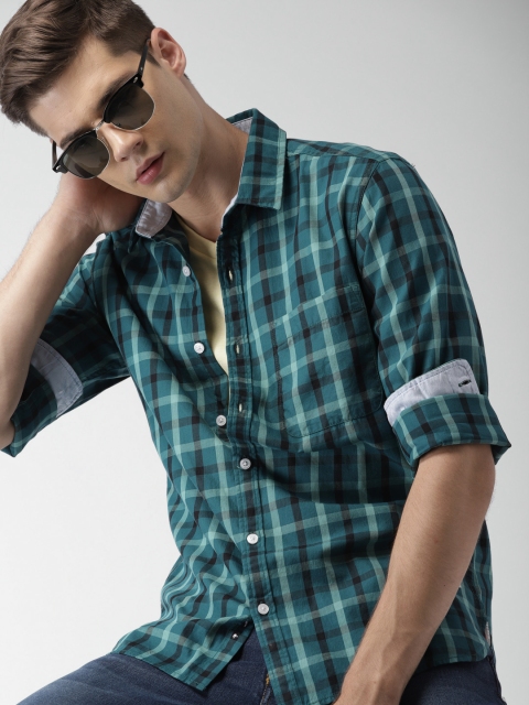 

Harvard Men Teal Blue Slim Fit Checked Casual Shirt