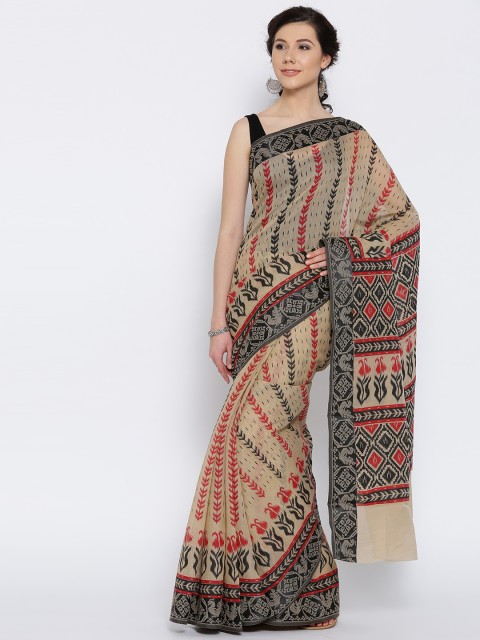 

Rani Saahiba Beige & Black Printed Ikat Saree