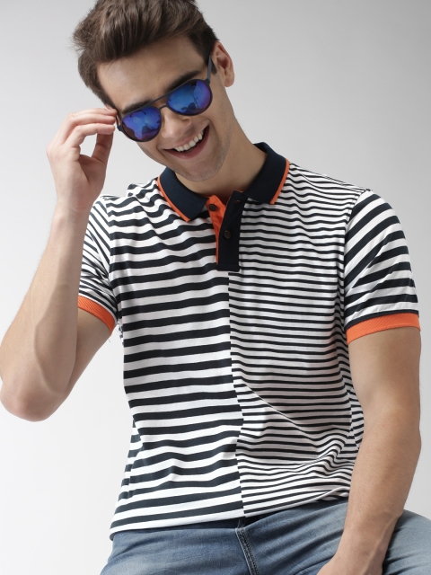 

Mast Harbour Men Navy Blue White Striped Polo Collar Pure Cotton T-shirt