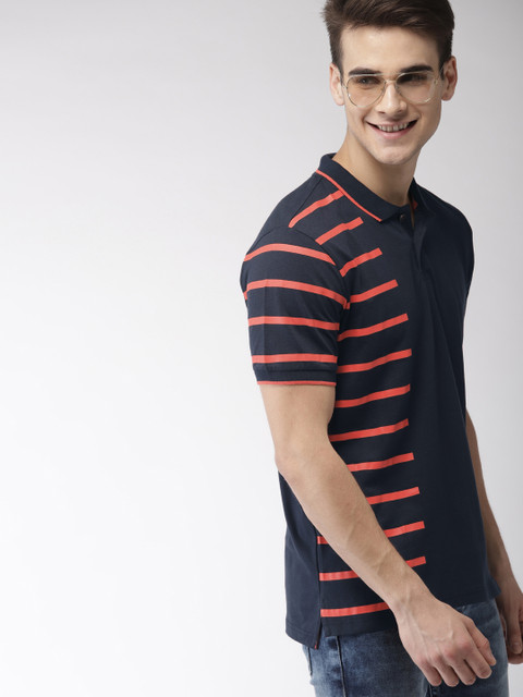 

Mast & Harbour Men Navy Blue Striped Polo Collar T-shirt