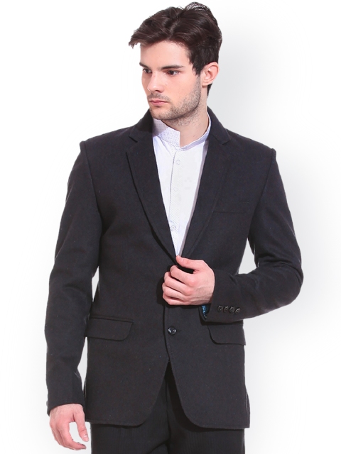 

TAG 7 Men Black Woolen Solid Regular Fit Single Breasted Blazer