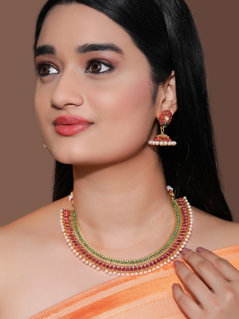 

Rubans Gold Plated Faux Ruby And Emerald Necklace & Earrings Set