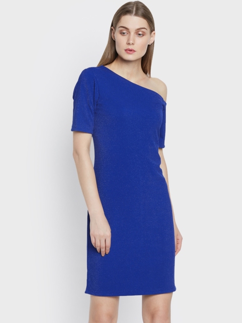 

AND Women Blue Solid One-shoulder Sheath Dress