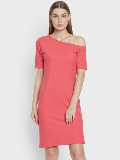 

AND Women Coral Pink Solid One-shoulder Sheath Dress