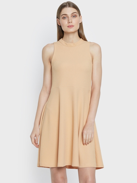 

AND Women Beige Solid Fit and Flare Dress