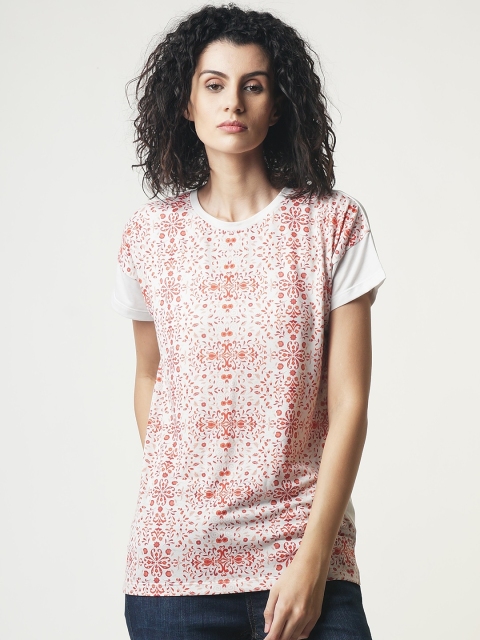 

Blue Saint Women White Printed Round Neck T-shirt