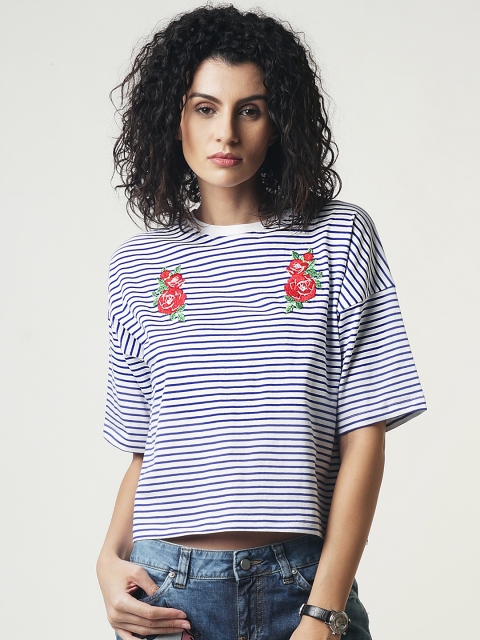 

Blue Saint Women White & Blue Striped Boxy Top
