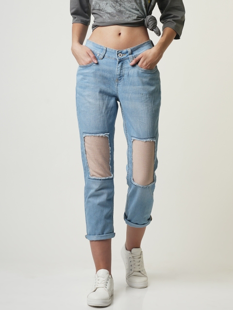 

Blue Saint Women Blue Boyfriend Fit Mid-Rise Highly Distressed Stretchable Jeans