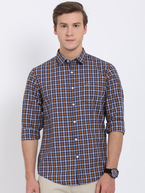 

Crocodile Men Mustard & Navy Blue Slim Fit Checked Casual Shirt