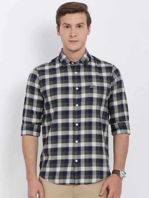 

Crocodile Men Olive Green & Navy Blue Slim Fit Checked Casual Shirt