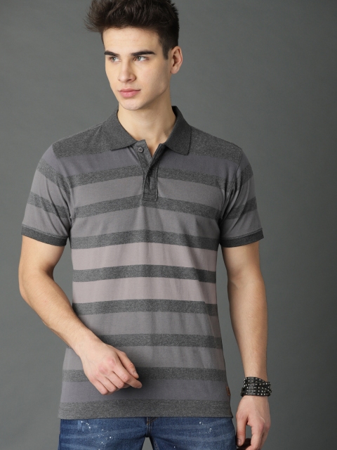

Roadster Men Grey Striped Polo Collar T-shirt
