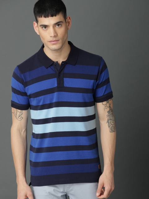 

Roadster Men Blue Striped Polo Collar T-shirt