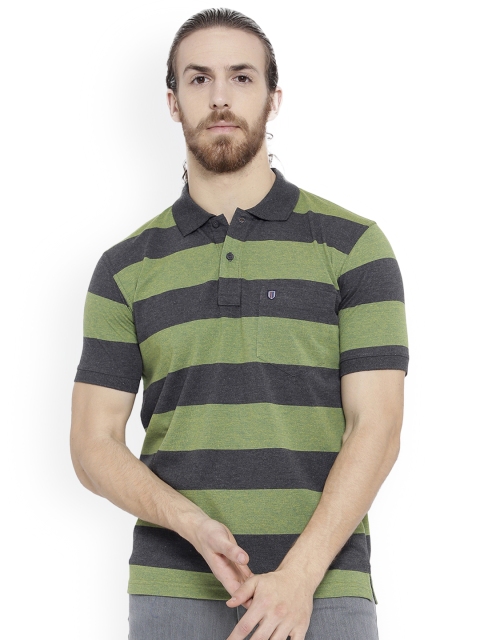 

Duke Men Green Striped Polo Collar T-shirt