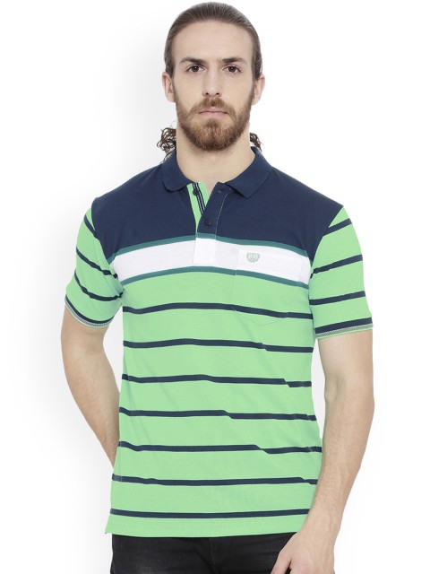 

Duke Men Green Striped Polo Collar T-shirt