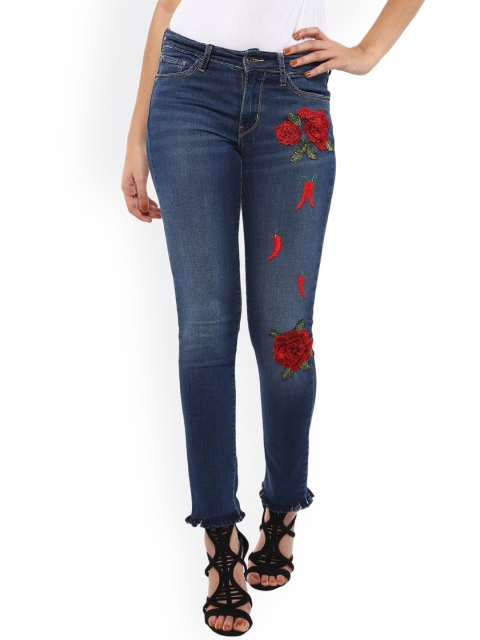 

Estrolo Women Blue & Red Slim Fit Mid-Rise Clean Look Jeans