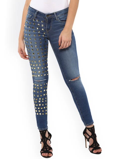 

Estrolo Women Blue Slim Fit Mid-Rise Slash Knee Studded Stretchable Jeans