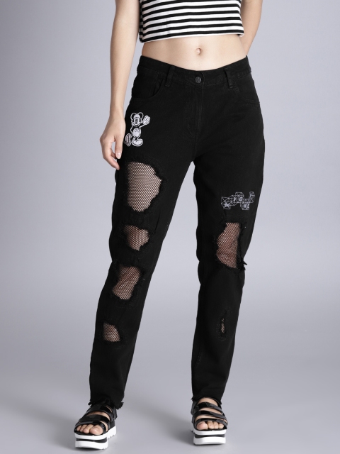 

Kook N Keech Disney Women Black Boyfriend Fit Mid-Rise Highly Distressed Jeans