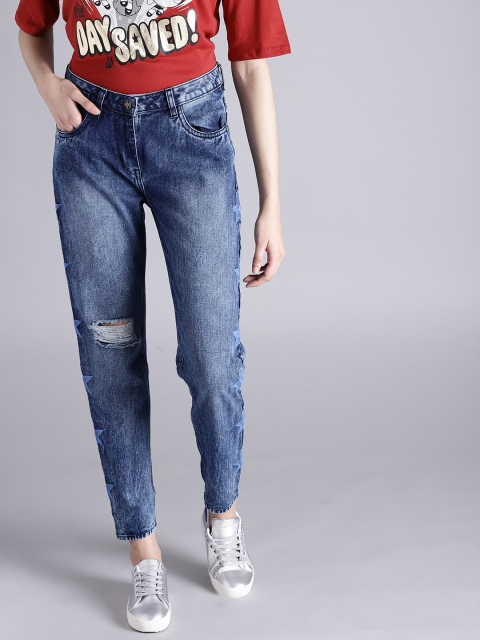 

Kook N Keech Women Blue Boyfriend Fit Mid-Rise Slash Knee Jeans