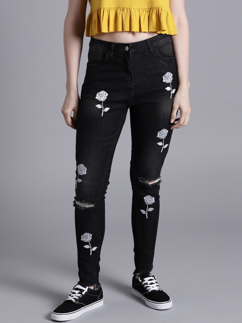 

Kook N Keech Women Black Embroidered Skinny Fit Mid-Rise Slash Knee Stretchable Jeans