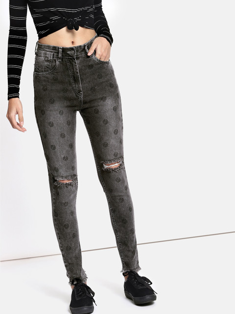 

Kook N Keech Marvel Women Grey Printed Skinny Fit Mid-Rise Slash Knee Stretchable Jeans