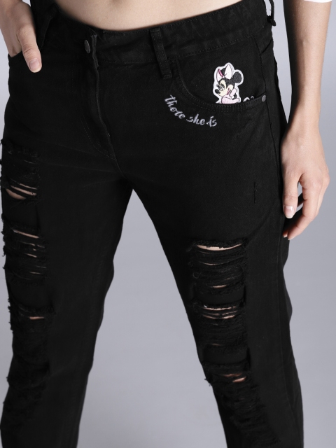 

Kook N Keech Disney Women Black Boyfriend Fit Mid-Rise Highly Distressed Jeans