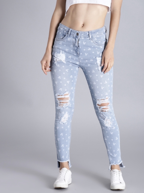 

Kook N Keech Disney Women Blue Printed Skinny Mid-Rise Mildly Distressed Stretchable Jeans