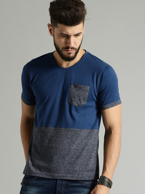 

Roadster Men Blue & Grey Colourblocked Round Neck T-shirt