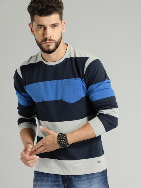 

Roadster Men Grey & Blue Colourblocked Round Neck T-shirt