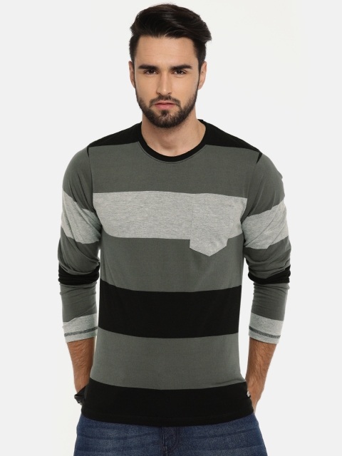 

Roadster Men Black Grey Striped Round Neck Pure Cotton T-shirt