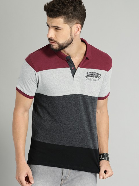 

Roadster Men Grey & Maroon Colourblocked Polo Collar T-shirt