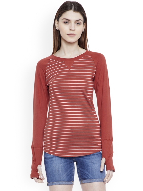 

Hypernation Women Rust & White Striped Round Neck Slim Fit T-shirt