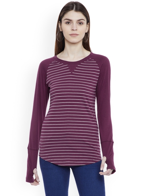 

Hypernation Women Purple & White Striped Round Neck Slim Fit T-shirt