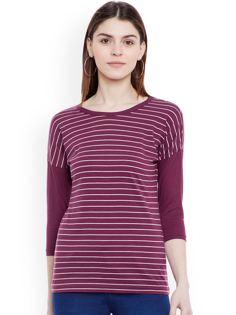

Hypernation Women Purple & White Striped Round Neck Slim Fit T-shirt
