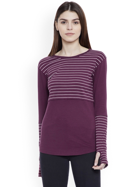 

Hypernation Women Purple & White Striped Round Neck Slim Fit T-shirt