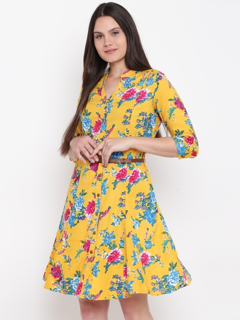 

Monte Carlo Women Mustard Yellow & Blue Printed Shirt Dress