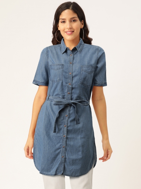 

Monte Carlo Women Blue Self Design Shirt Tunic With Belt