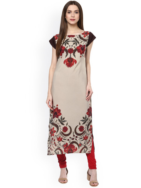 

ZIYAA Women Beige & Maroon Printed Straight Kurta