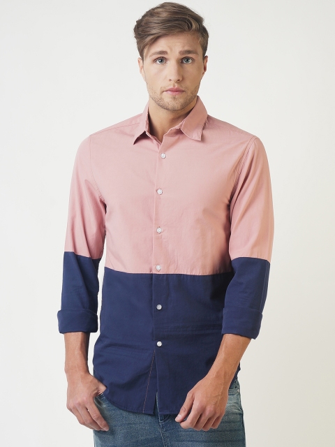 

Blue Saint Men Peach-Coloured & Navy Blue Slim Fit Solid Casual Shirt