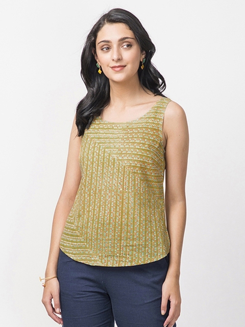 

Fabindia Women Mustard Brown & Blue Handblock Print Top