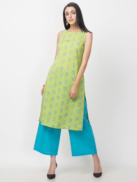 

Fabindia Women Green & Blue Printed Straight Kurta