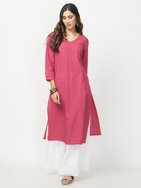 

Fabindia Women Pink Yoke Design Straight Kurta