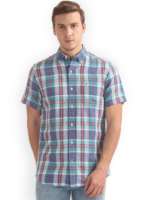 

Nautica Men Blue & Grey Regular Fit Checked Casual Shirt