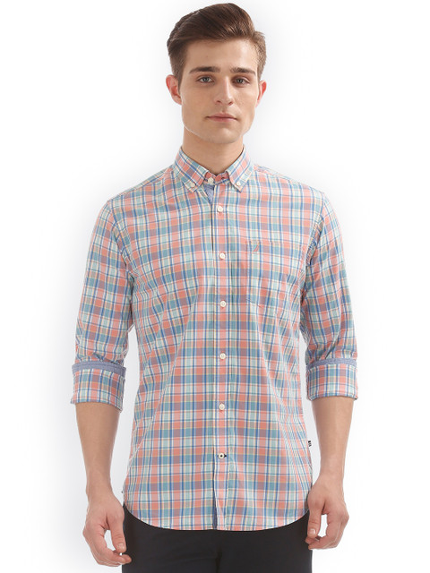 

Nautica Men Coral & Green Regular Fit Checked Casual Shirt