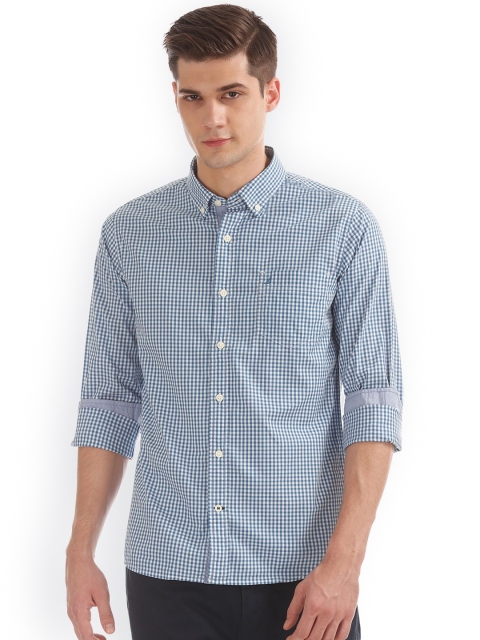 

Nautica Men Blue & White Regular Fit Checked Casual Shirt