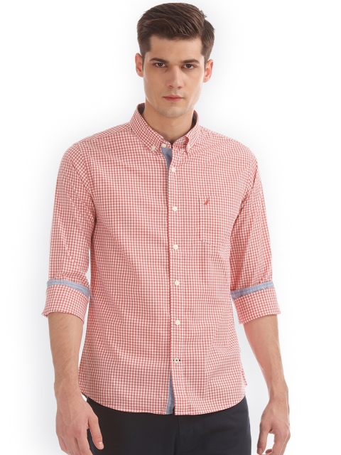 

Nautica Men Coral & White Regular Fit Checked Casual Shirt