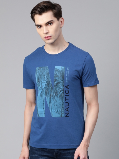 

Nautica Men Blue Slim Fit Pure Cotton Brand Logo Printed Tropical T-shirt