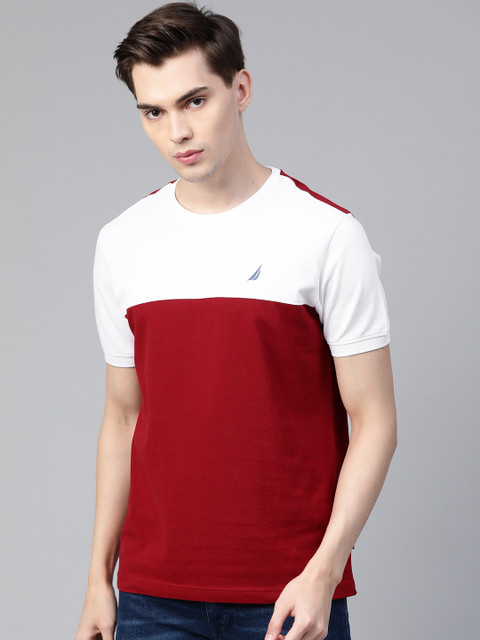 

Nautica Men Red & White Pure Cotton Colourblocked Round Neck Slim Fit T-shirt