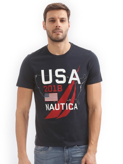 

Nautica Men Navy Blue Printed Round Neck Slim Fit T-shirt